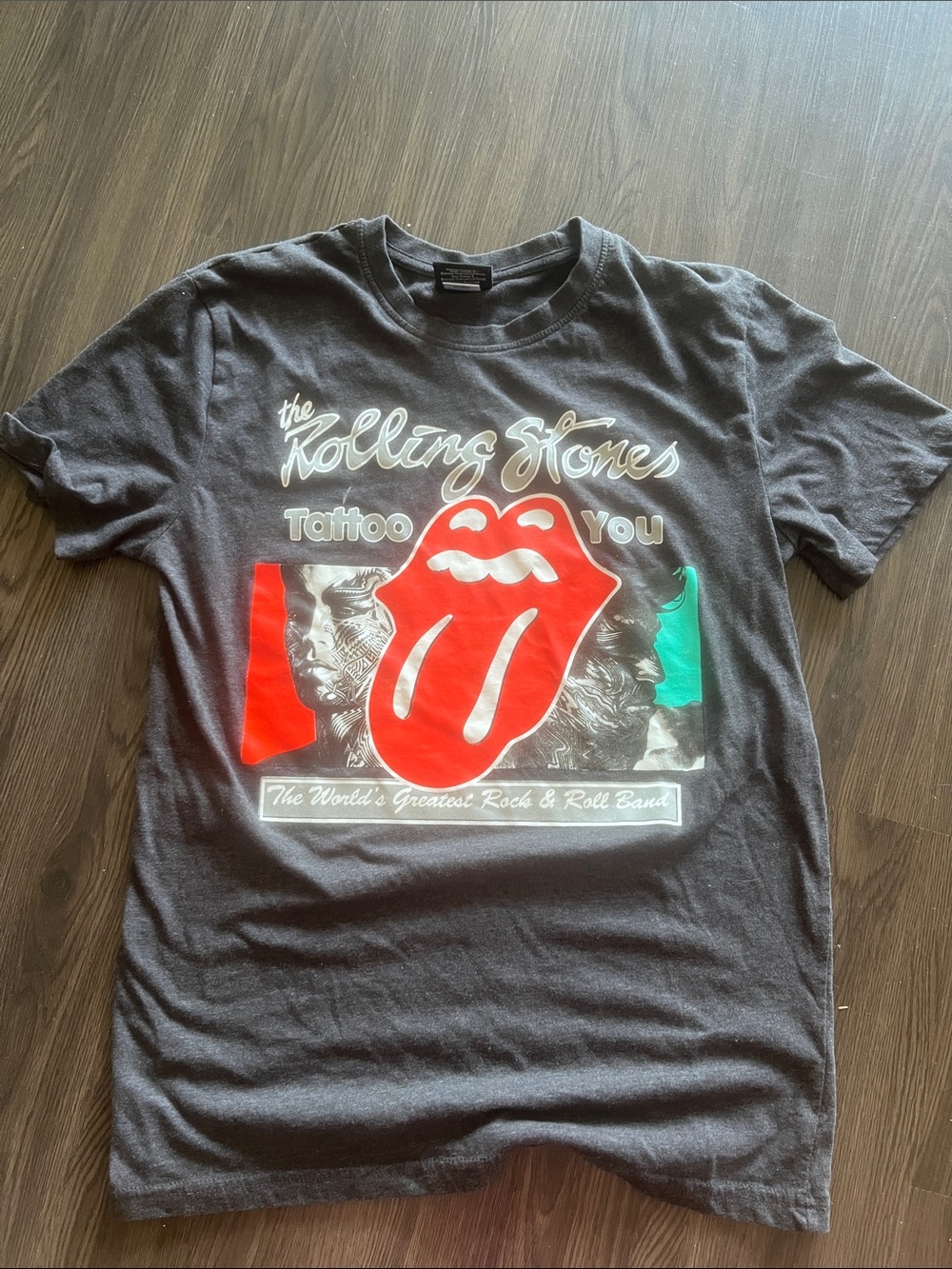 the Rolling Stones Charcoal Tee with Black Label and White Script